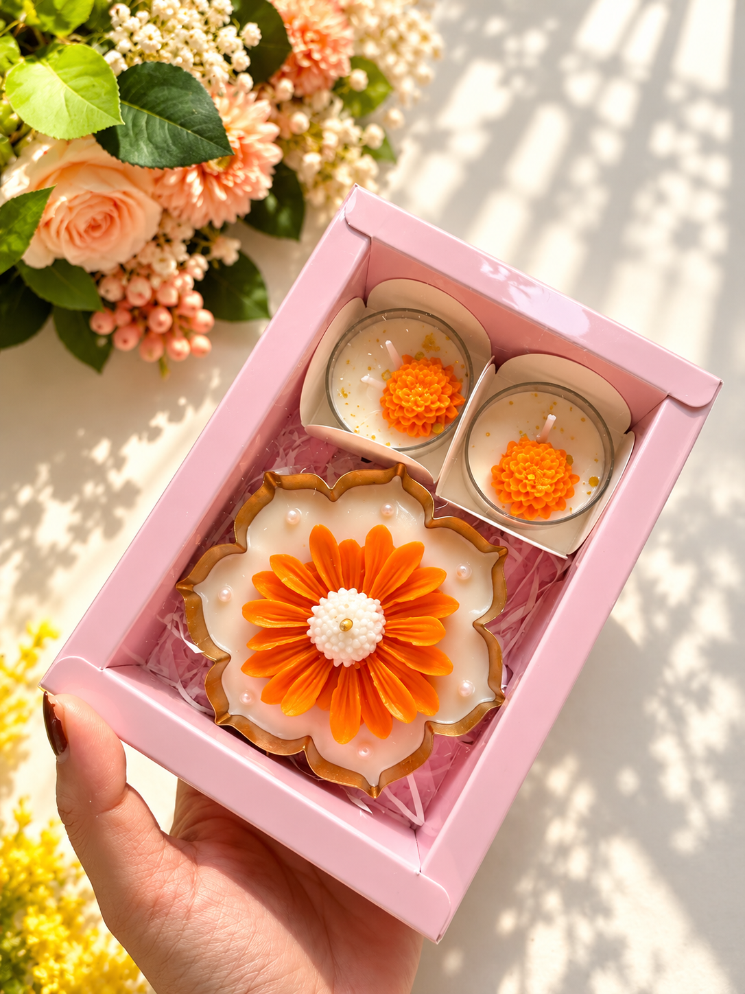 Orange Flower Candle Gift Set of 3 with Pink Gift Box | Floral Decorative Candles