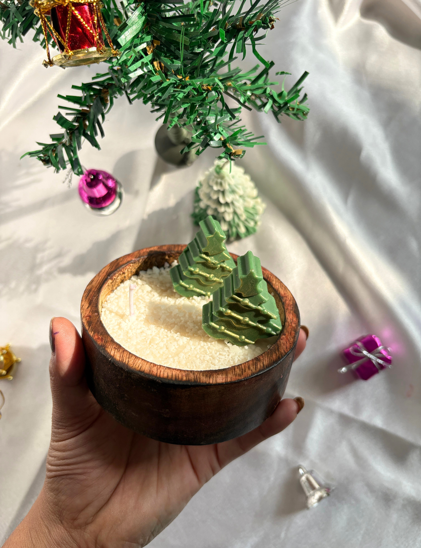 Rustic Winter Forest Wooden Bowl Candle