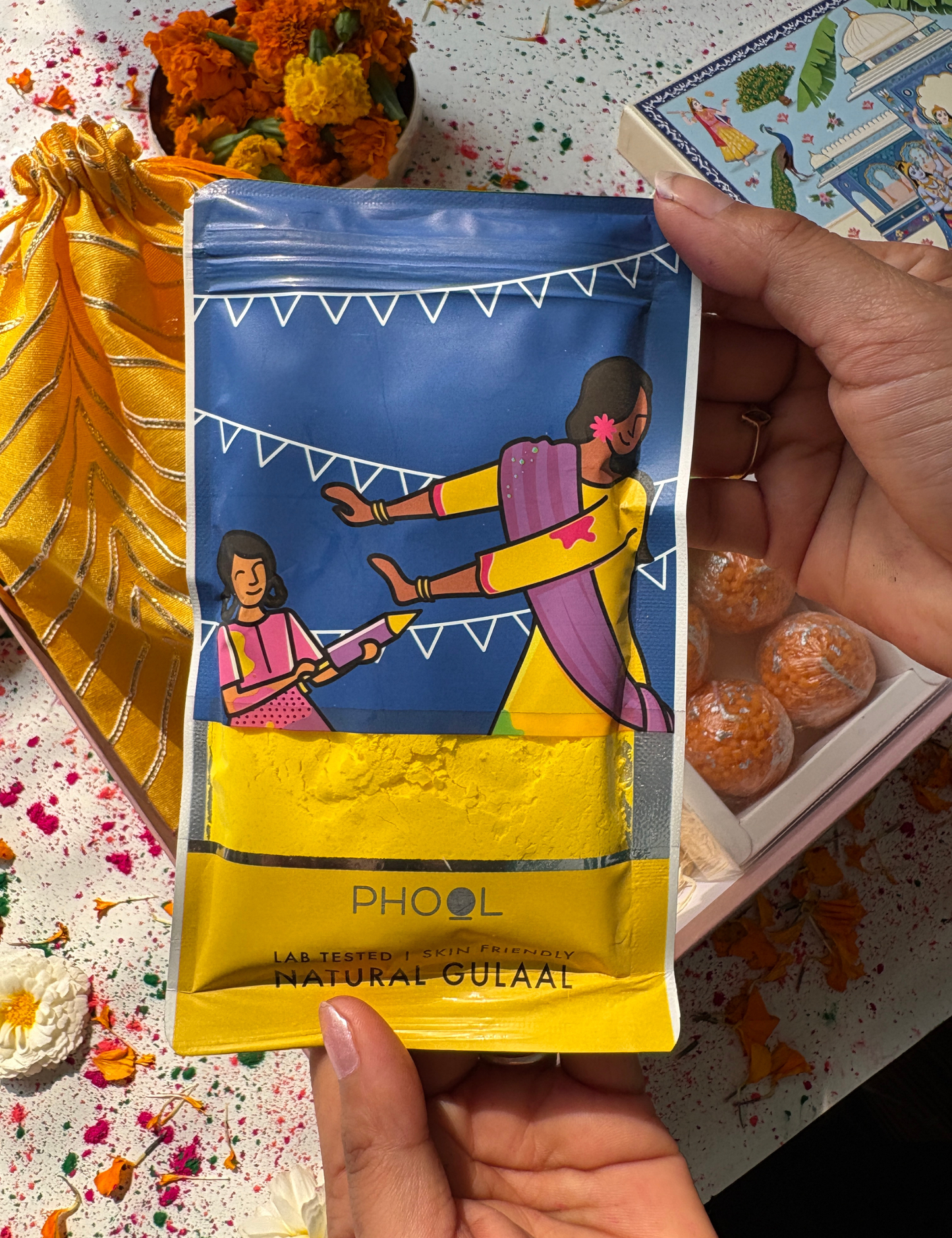 Holi Special Gift Hamper with Potli, Decorative Candle