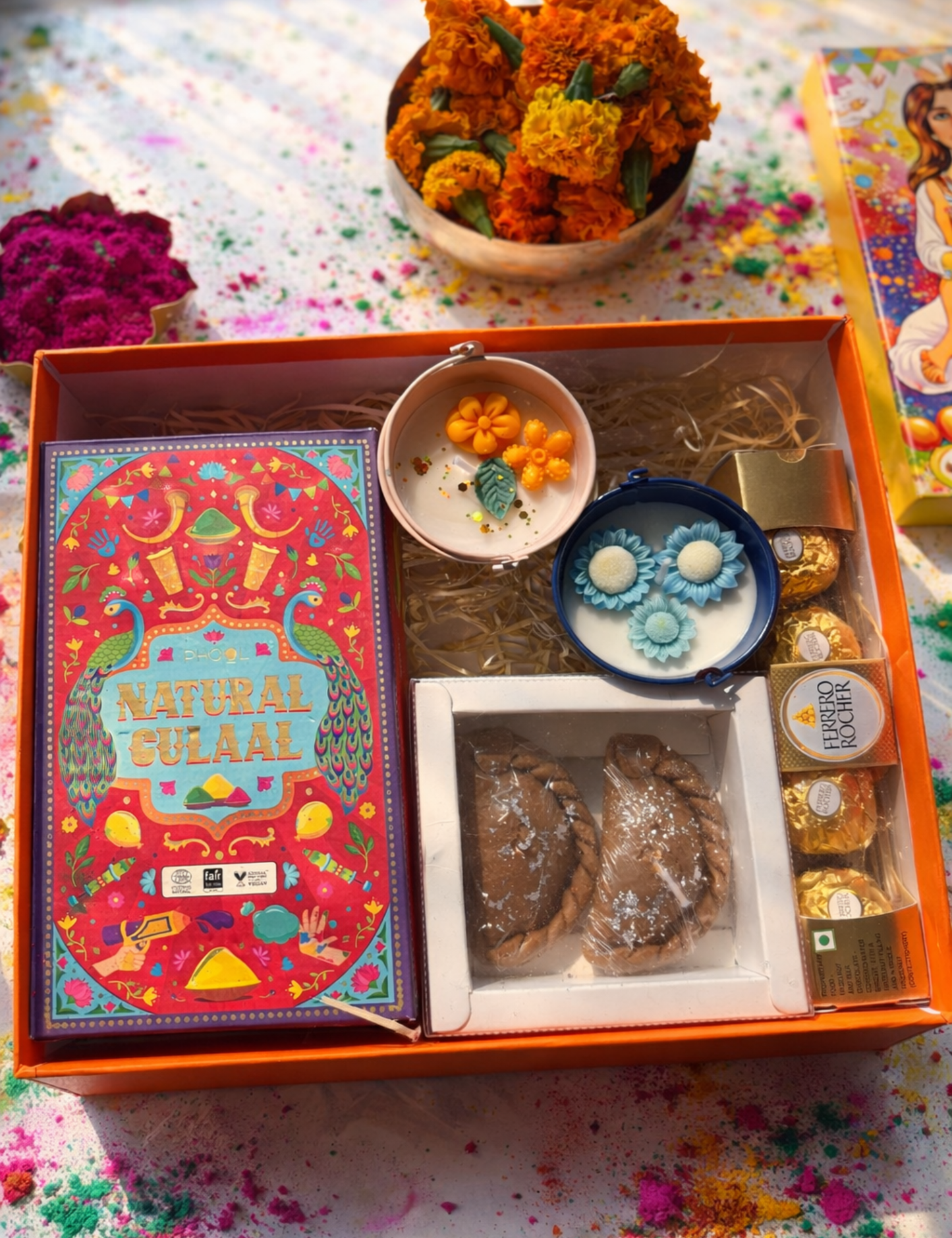 Premium Holi Hamper Box – Phool Gulal,Scented Candles & Chocolate