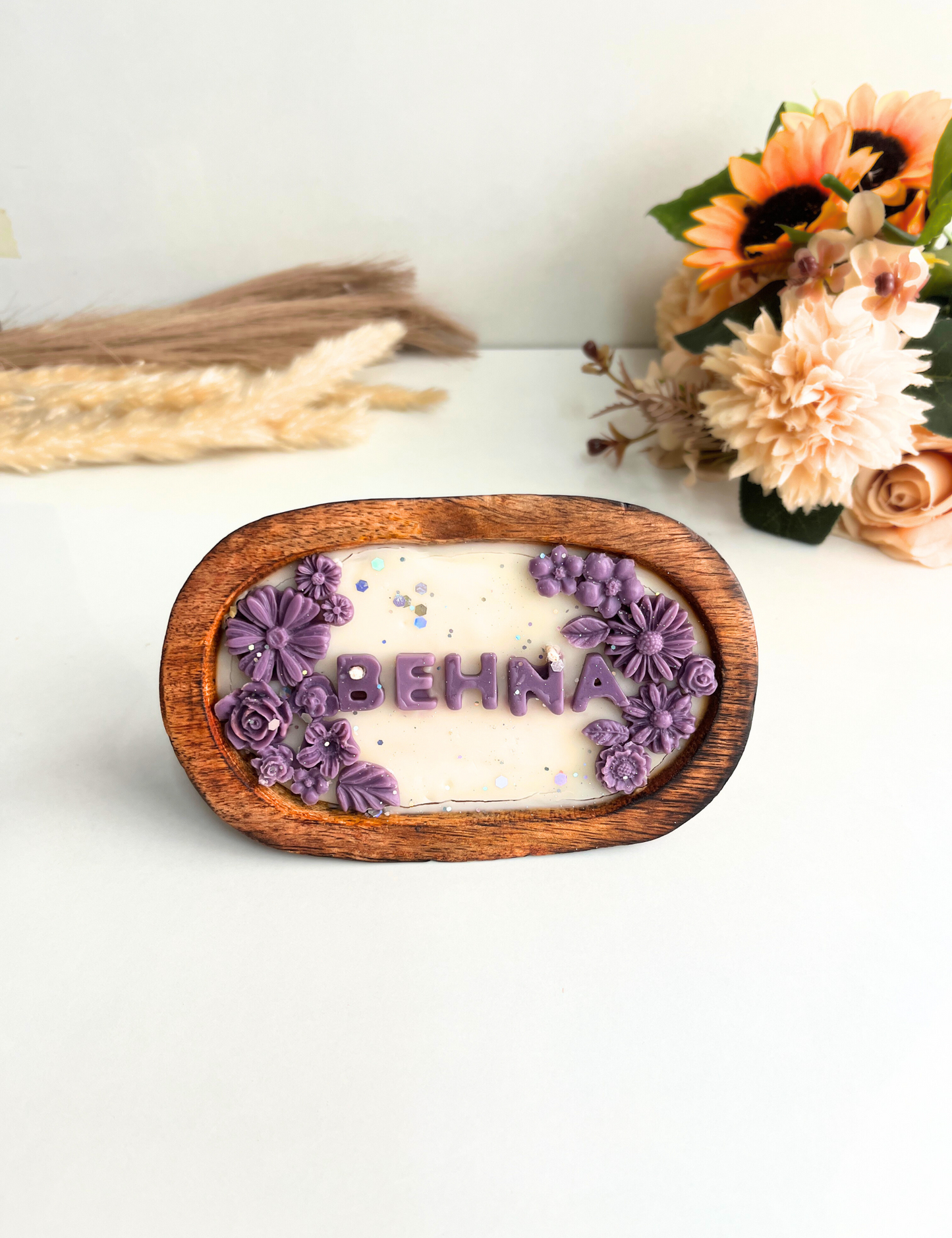 Rustic Bloom Oval Wooden Candle for Behnas