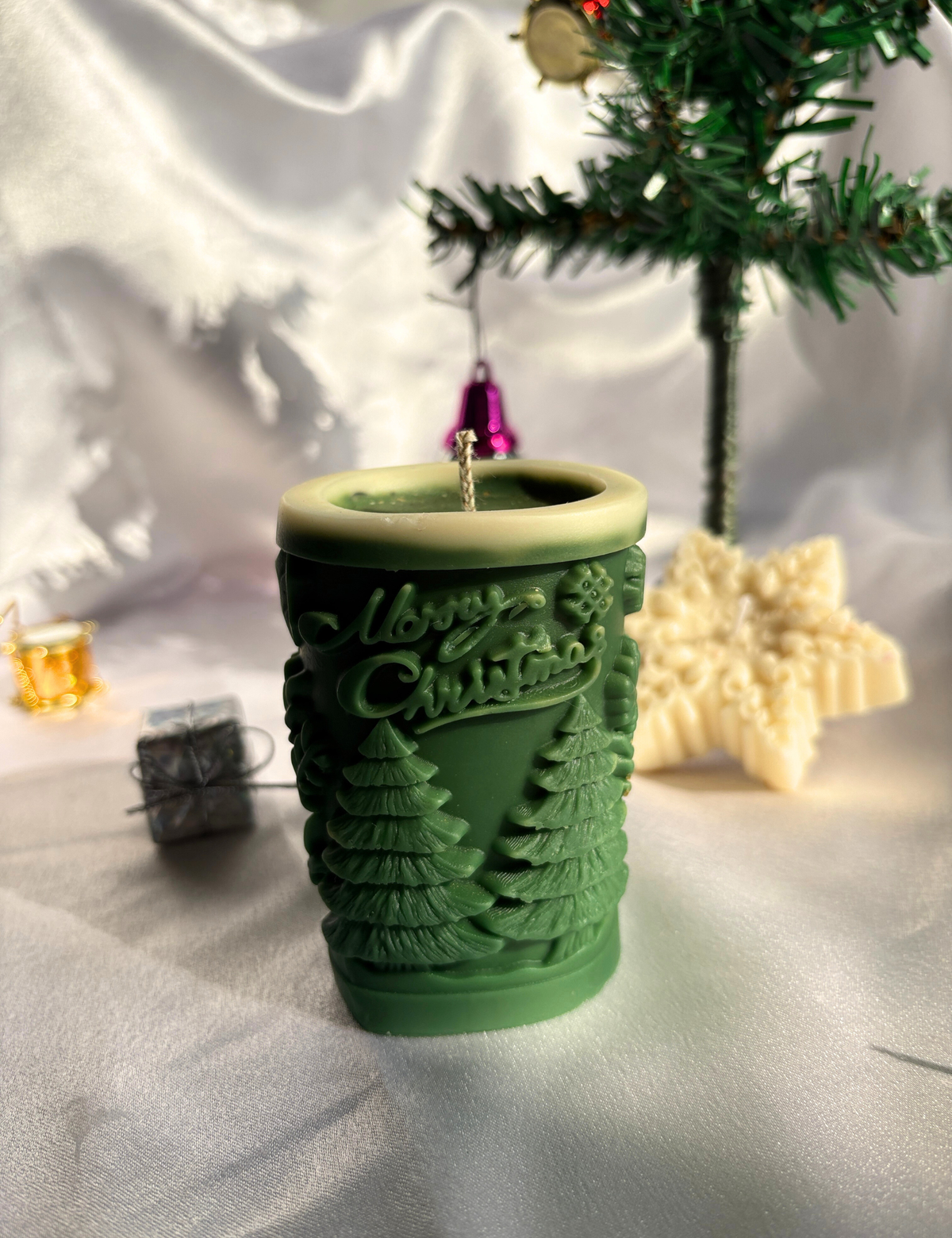 Merry Christmas Pine Tree Pillar Candle