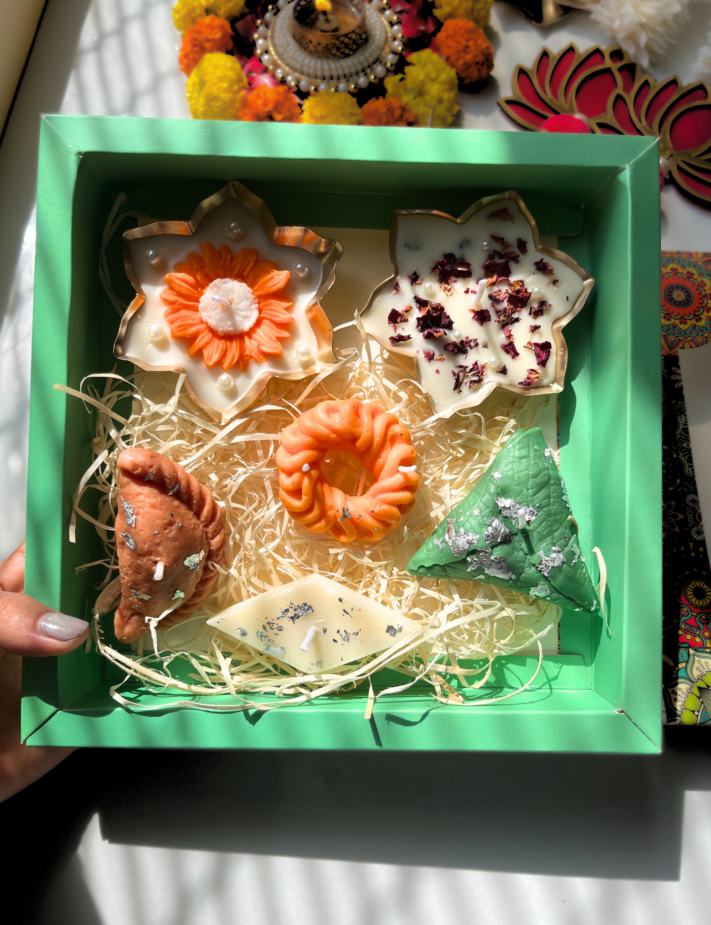 Diwali Urli Candle with Mixed Sweets Candle Gift Box