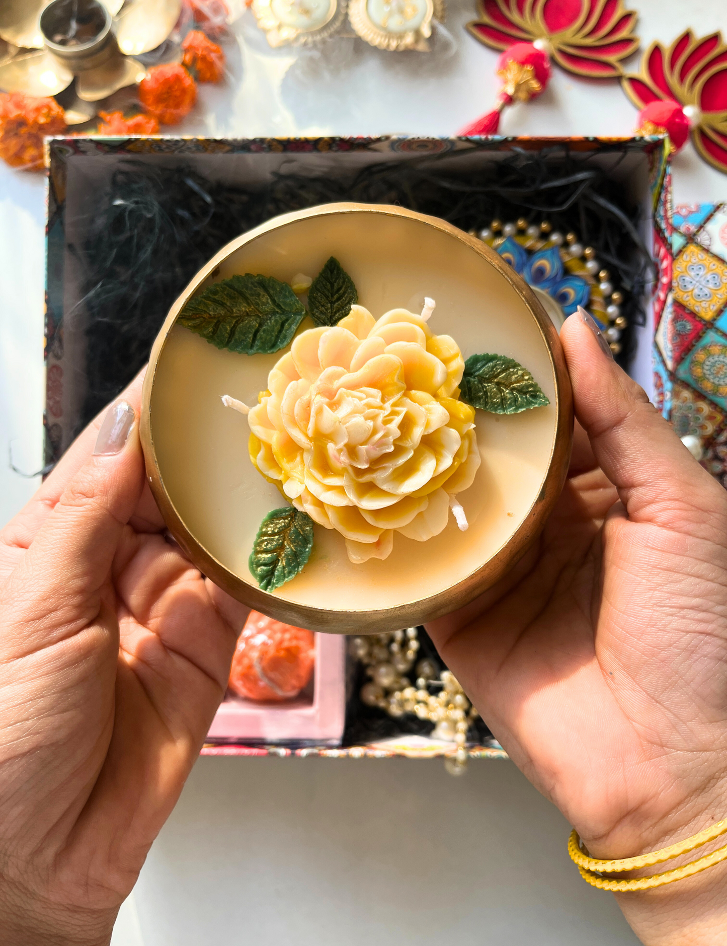 Diwali Gift Box with Ladoo Candles & Urli