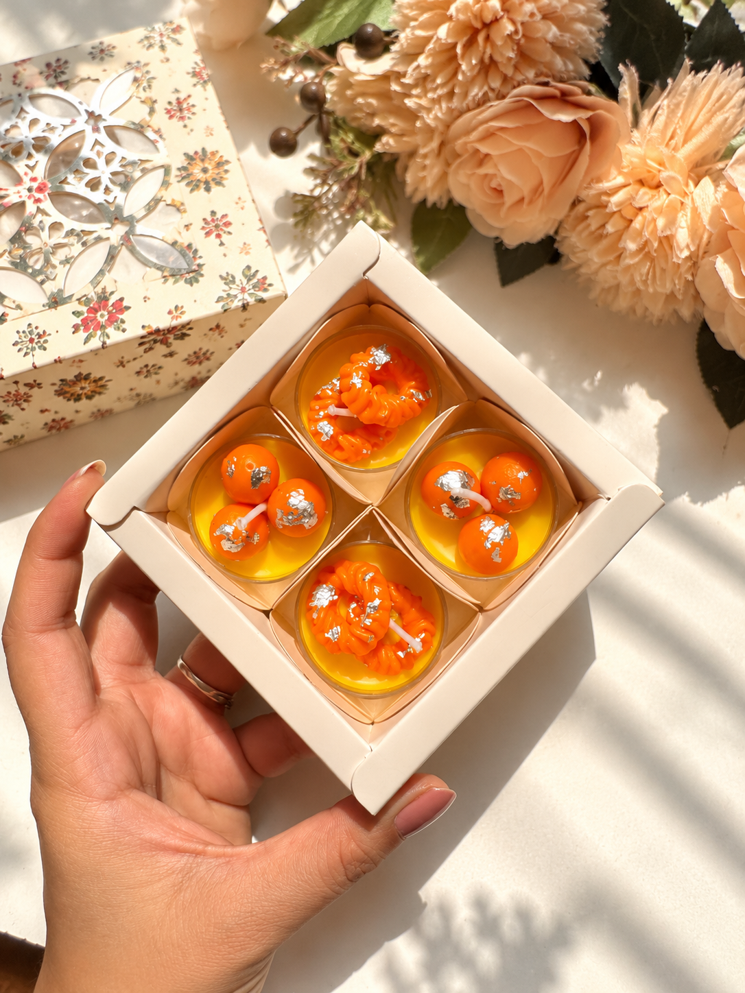Laddoo & Floral Diya Candles Gift Set of 4 | Festive Decorative Candles