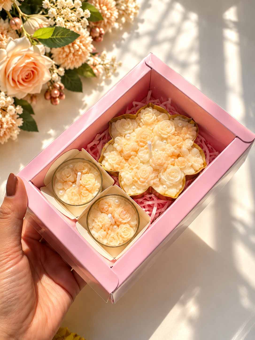 Luxury Floral Candle Gift Set of 3 | Flower Candles in Premium Pink Gift Box