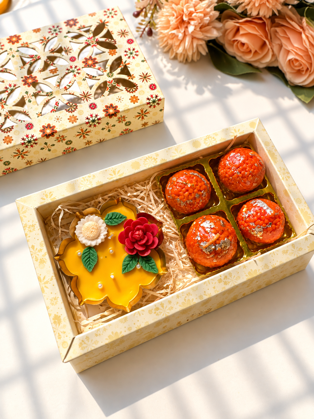 Floral Urli Candle & 4 Laddoo Candle Gift Box – Premium Diwali Hamper