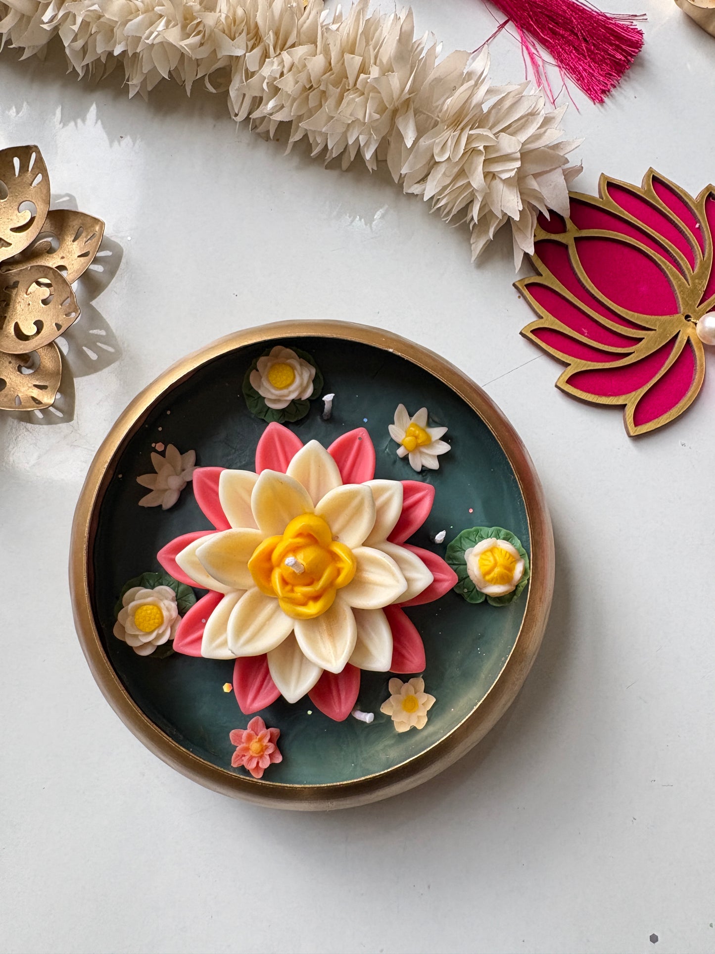 Lotus Pond Hammered Urli Candle 6.5 Inch Premium Festive Gift