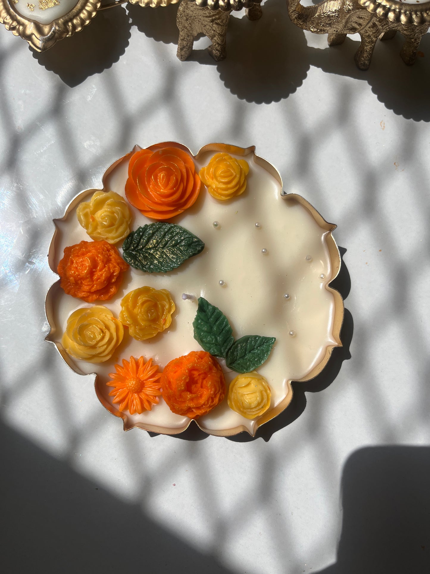 Premium Marigold Metal Urli Candle with Leaf Design