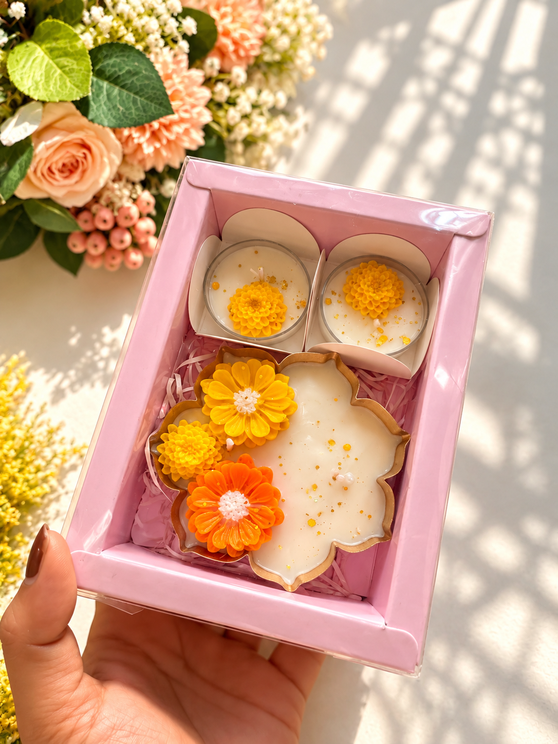 Floral Candle Gift Set of 3 with Pink Gift Box | Decorative Flower Candles
