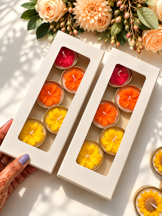 Hibiscus Flower Golden metal Tea Light Candle Set of 5 with Gift Box | 2 Quantity | Decorative Floral Candles
