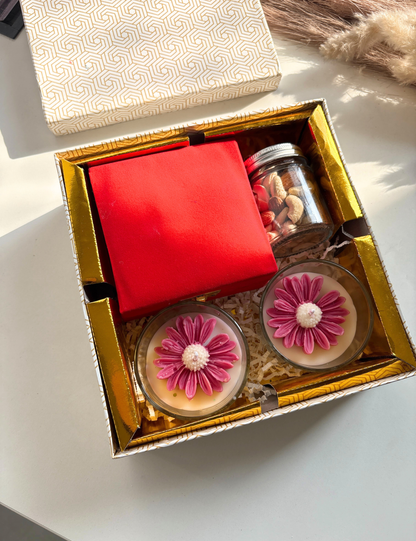 Floral Aroma Candle Gift Hamper with Dry Fruits & Jewellery Box – Luxury Gifting Set