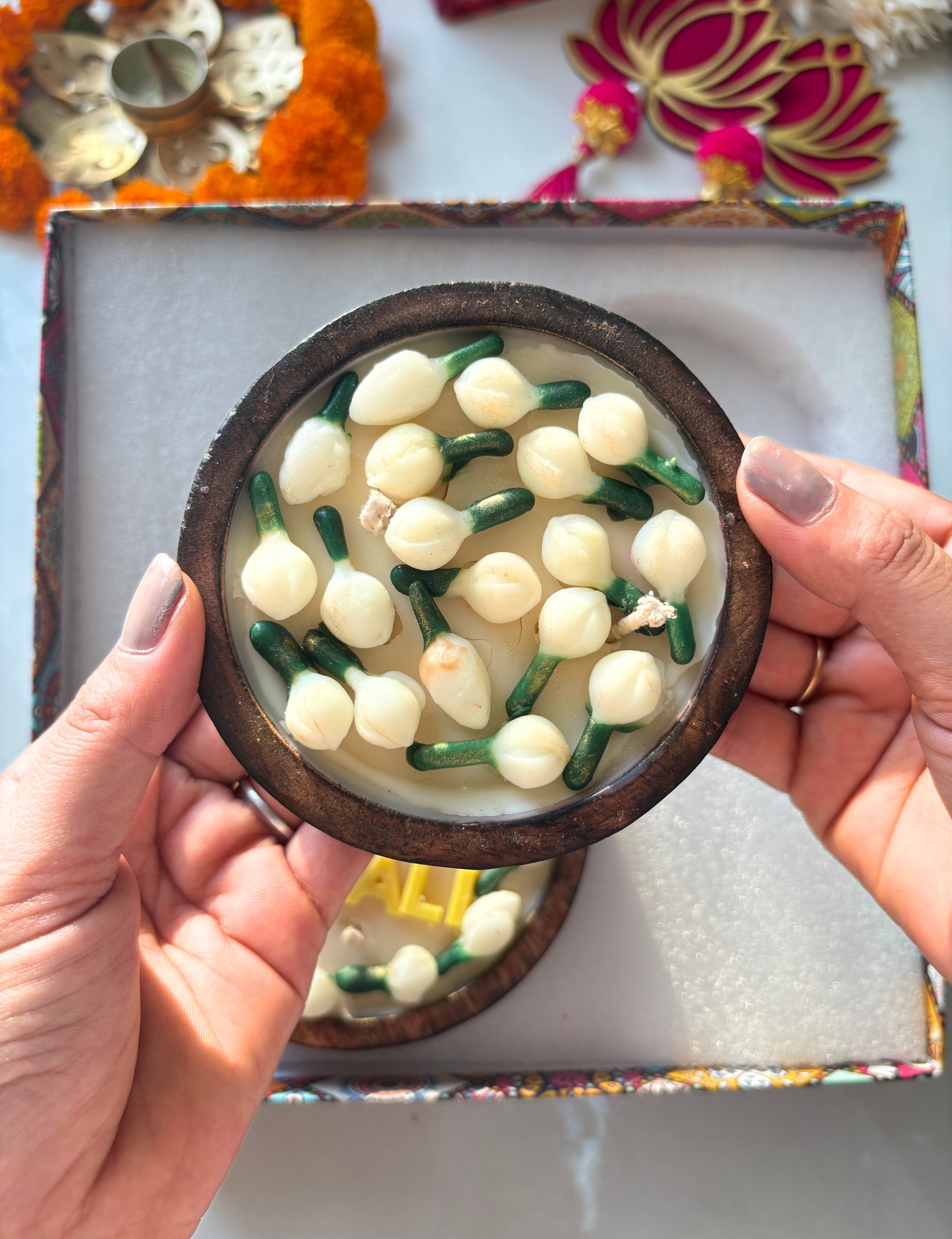 'Happy Diwali' Scented Wax Candle Gift Set – Decorative Festive Diya Candles with Floral Design for Diwali Decoration & Gifting