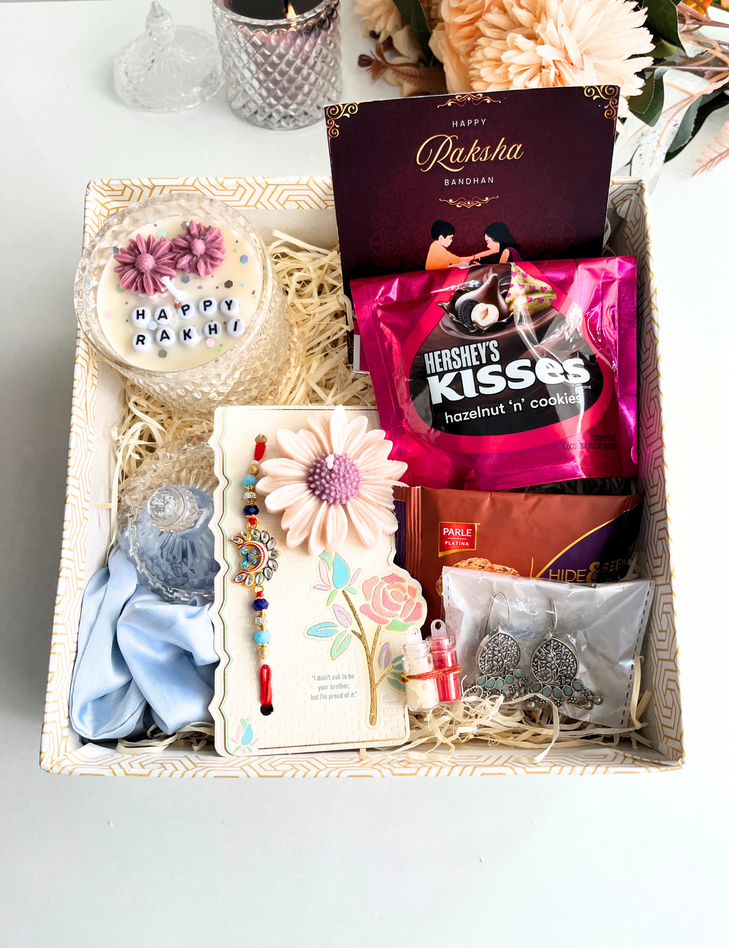 Elegant Rakhi Gift Box for Sister – Candle, Jewelry, Chocolates & Rakhi Card Hamper