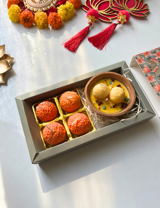 Diwali Gift Box with Rasmalai and Ladoo Candles