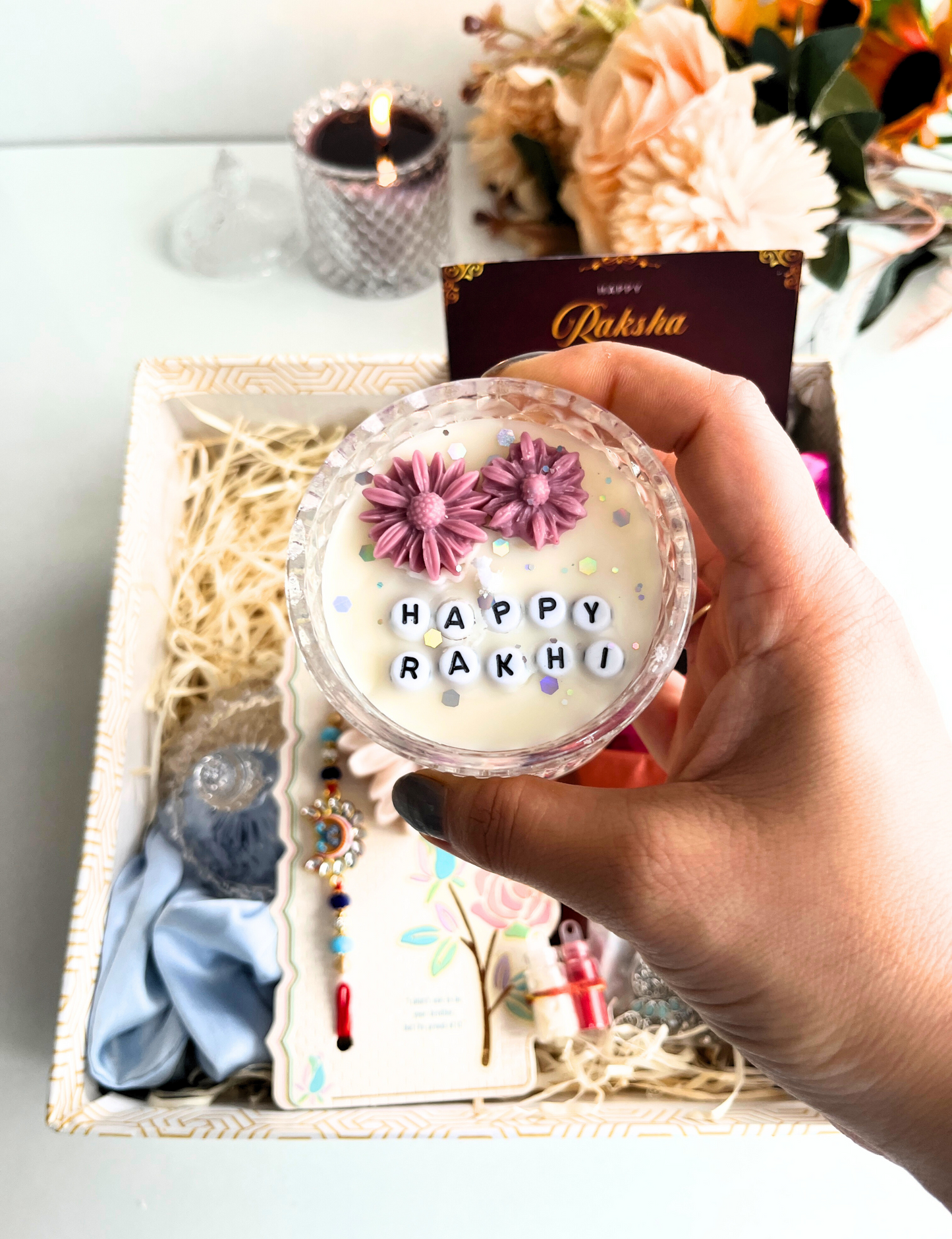 Elegant Rakhi Gift Box for Sister – Candle, Jewelry, Chocolates & Rakhi Card Hamper