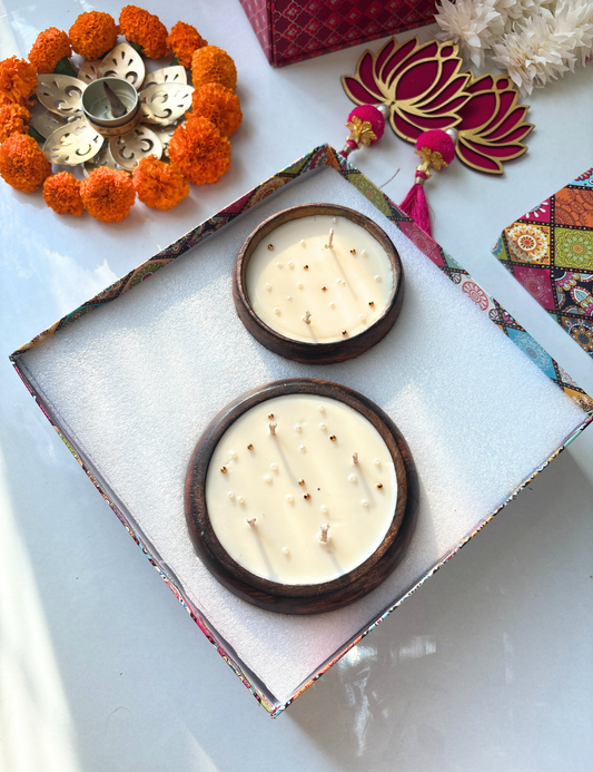 Luxury Wooden Candle Set – Handcrafted Soy Candles for Festive Diwali Gift Hamper