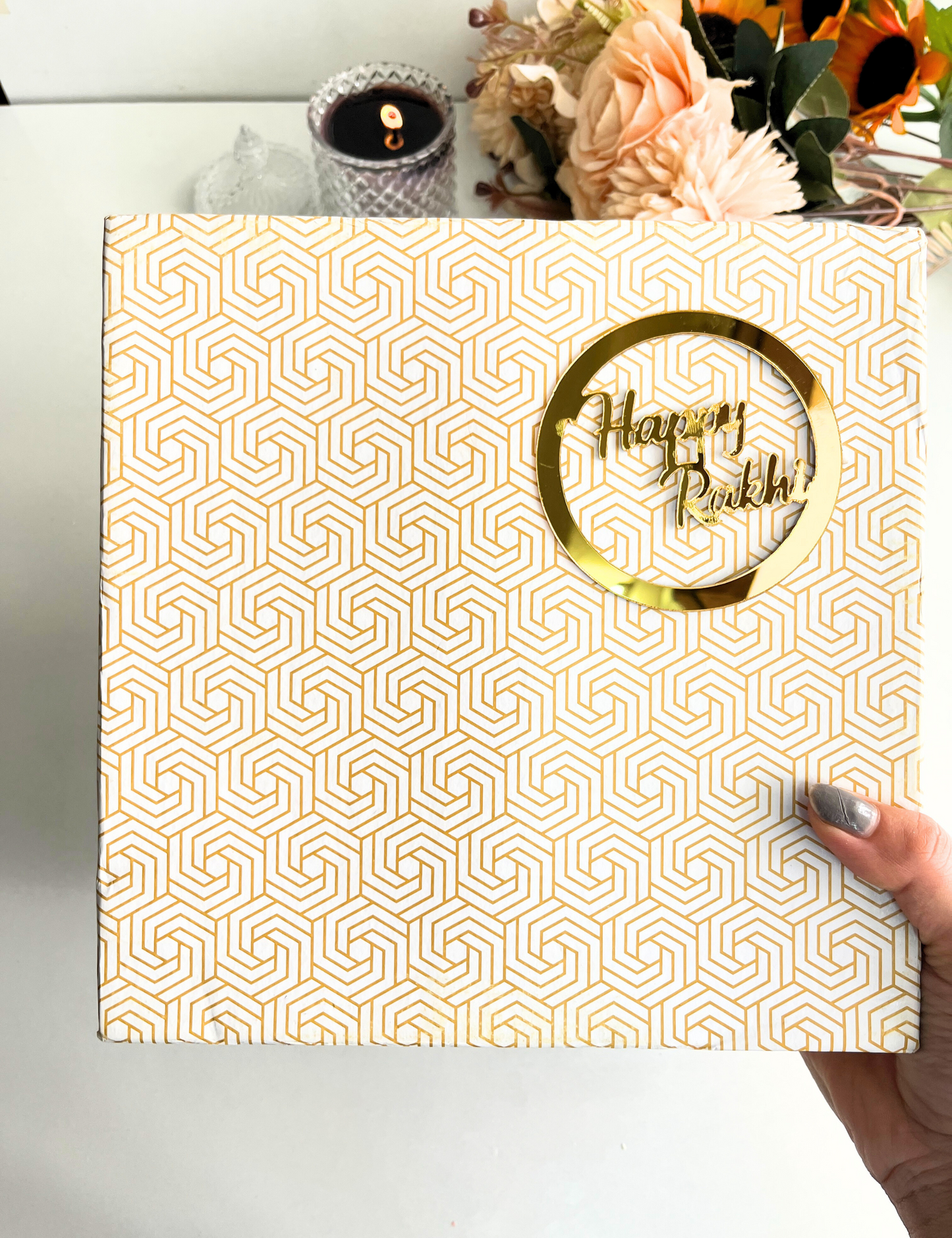 Elegant Rakhi Gift Box for Sister – Candle, Jewelry, Chocolates & Rakhi Card Hamper