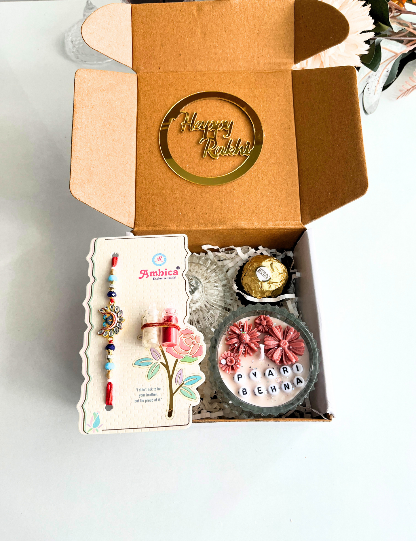 Mini Rakhi Surprise Box – Yari Behna Candle, Rakhi, Chocolate & Greeting Card