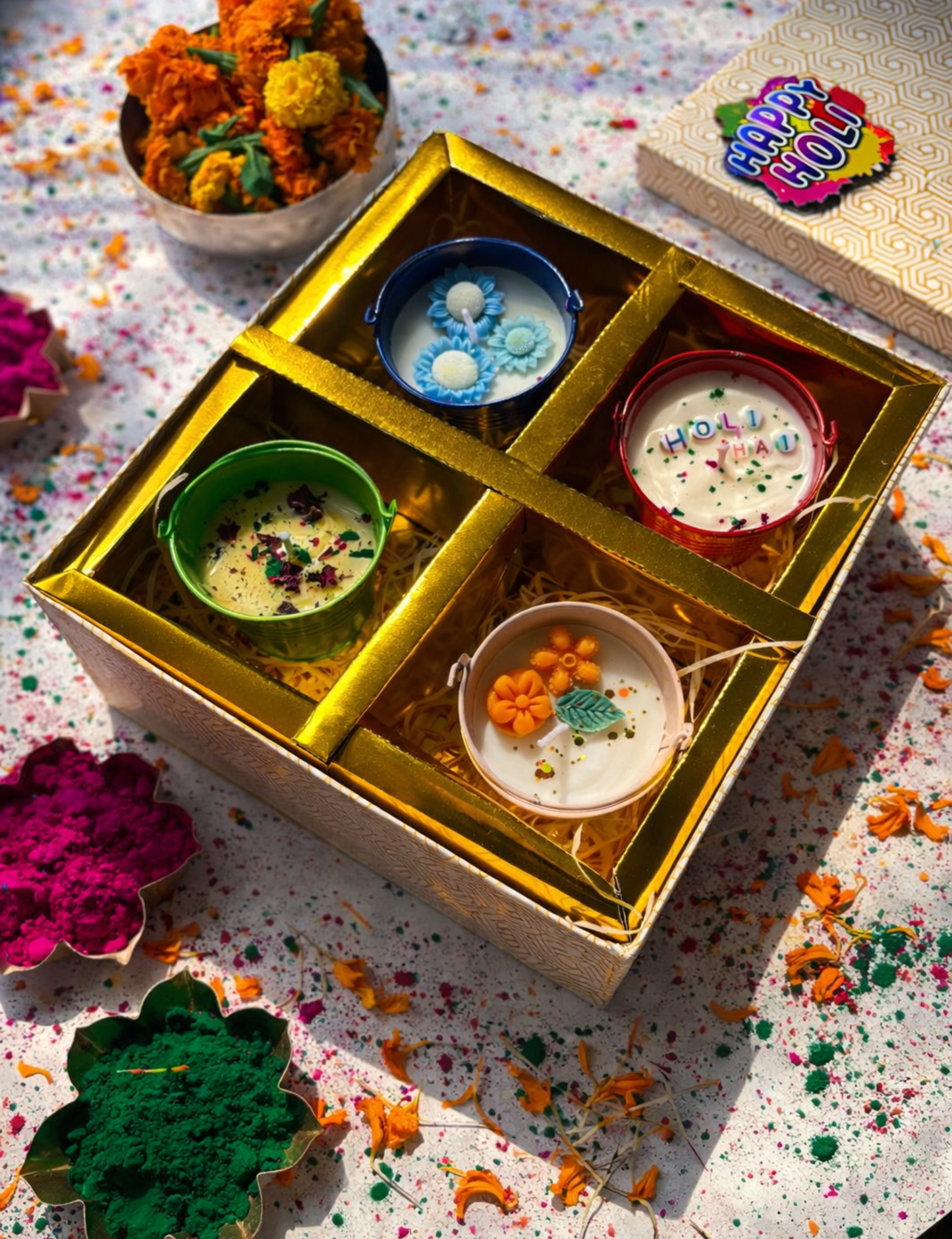 Luxury Holi Candle Hamper – Set of 4 Colourful Balti Candles