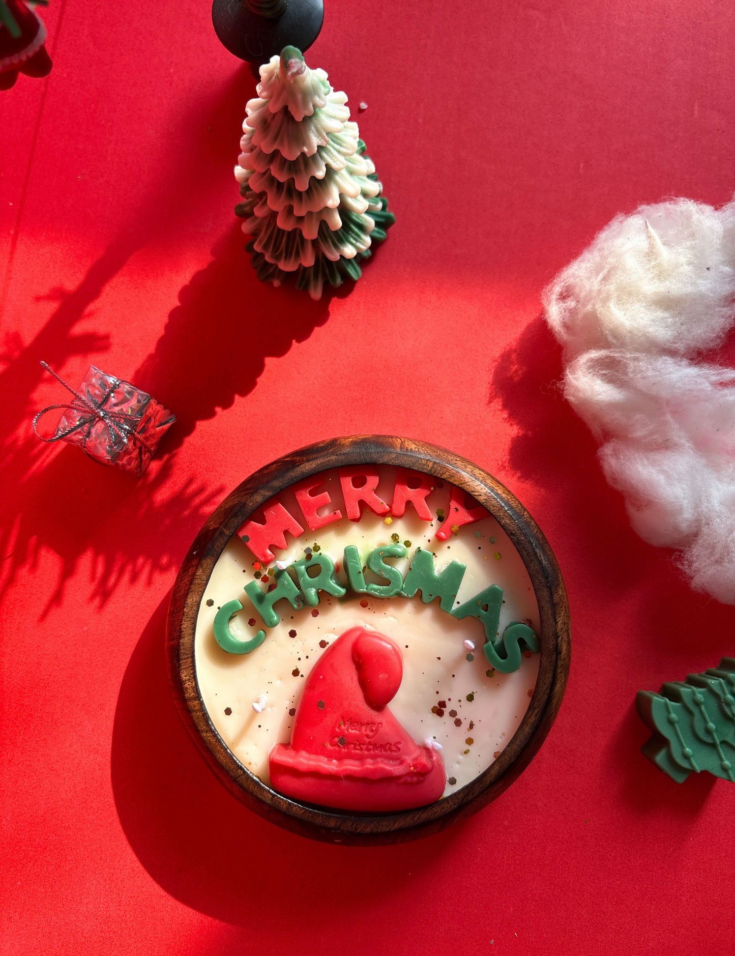 Merry Christmas Wooden Jar Candle with Santa Hat