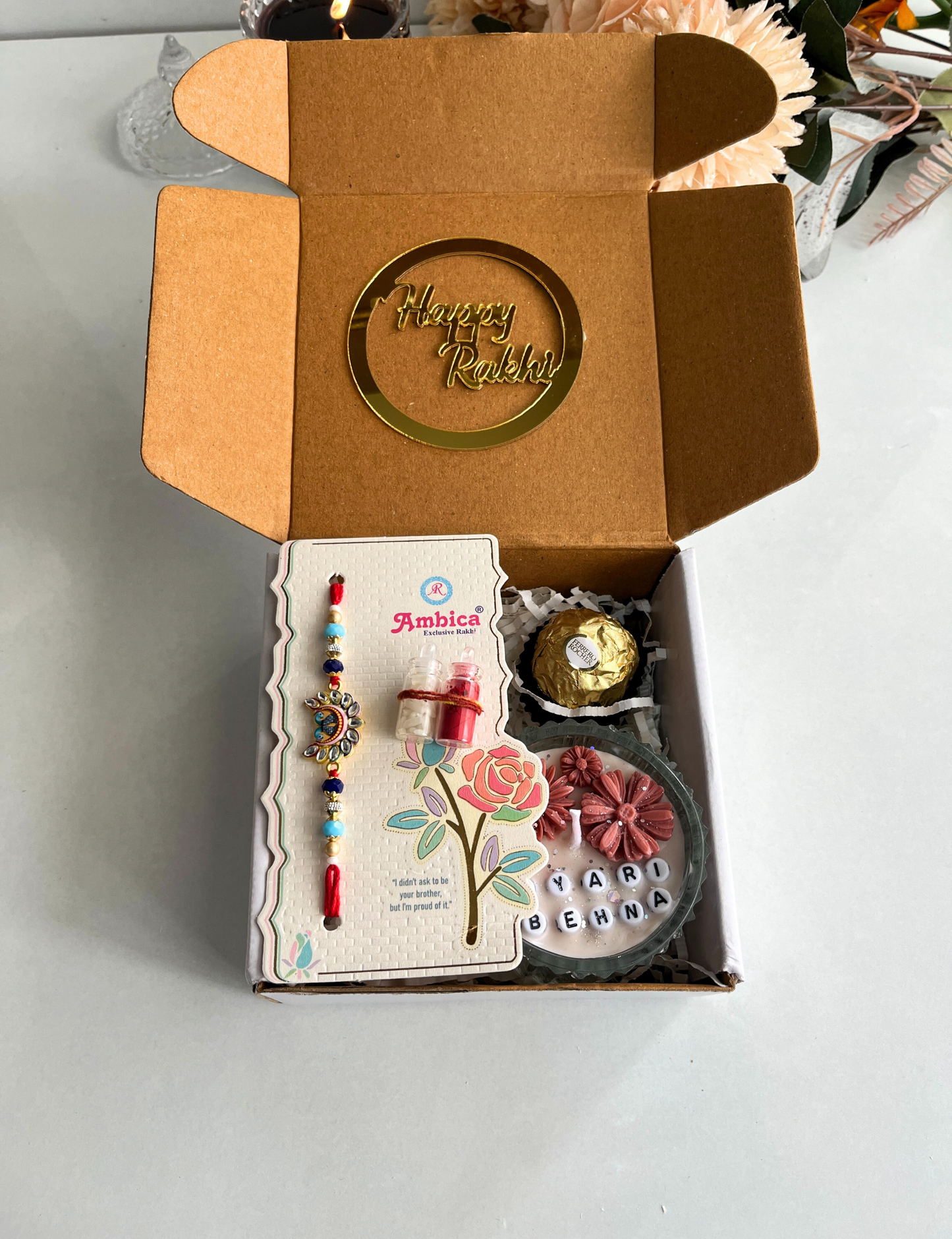 Mini Rakhi Surprise Box – Yari Behna Candle, Rakhi, Chocolate & Greeting Card