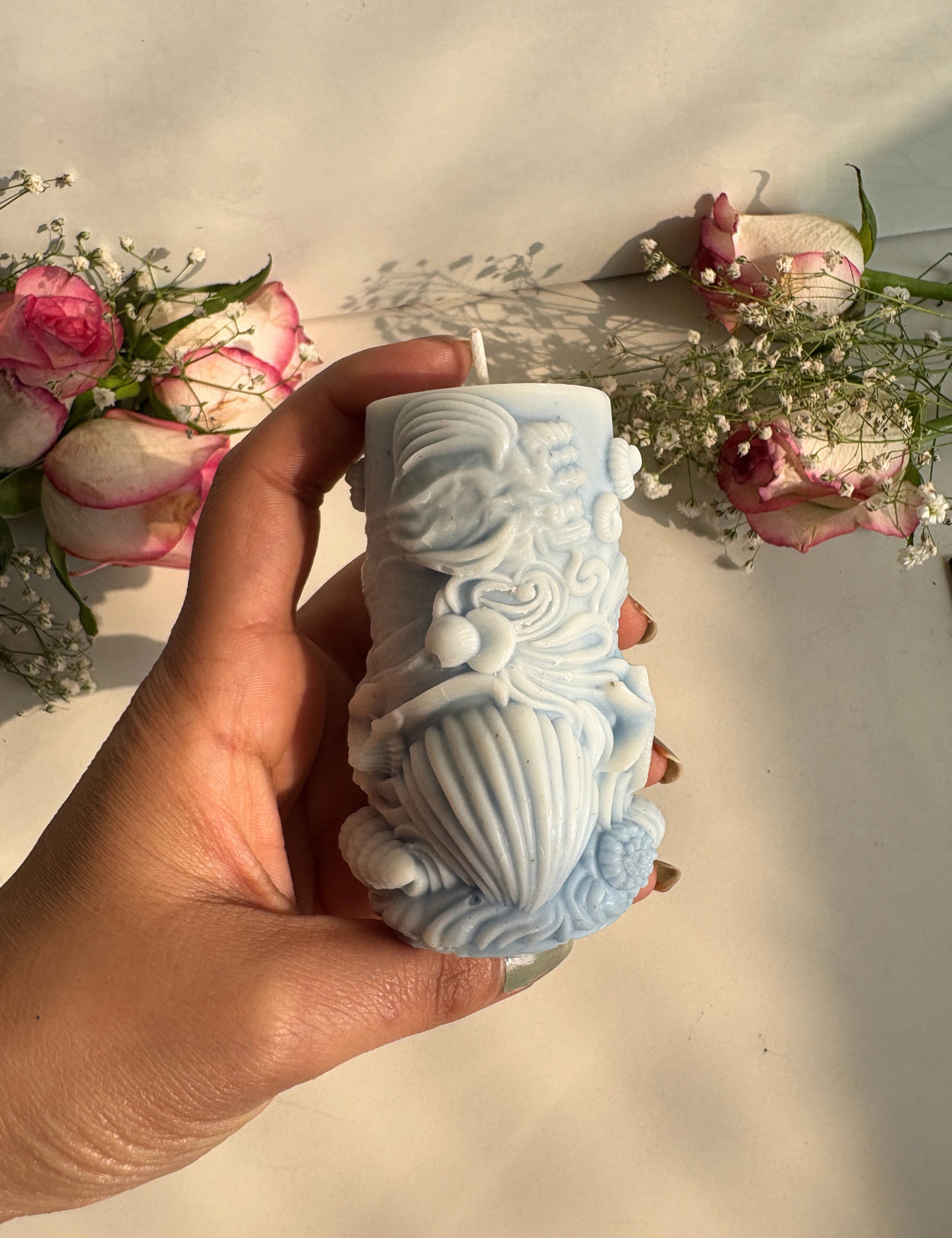 Pastel Blue Sculpted Pillar Aroma Candle