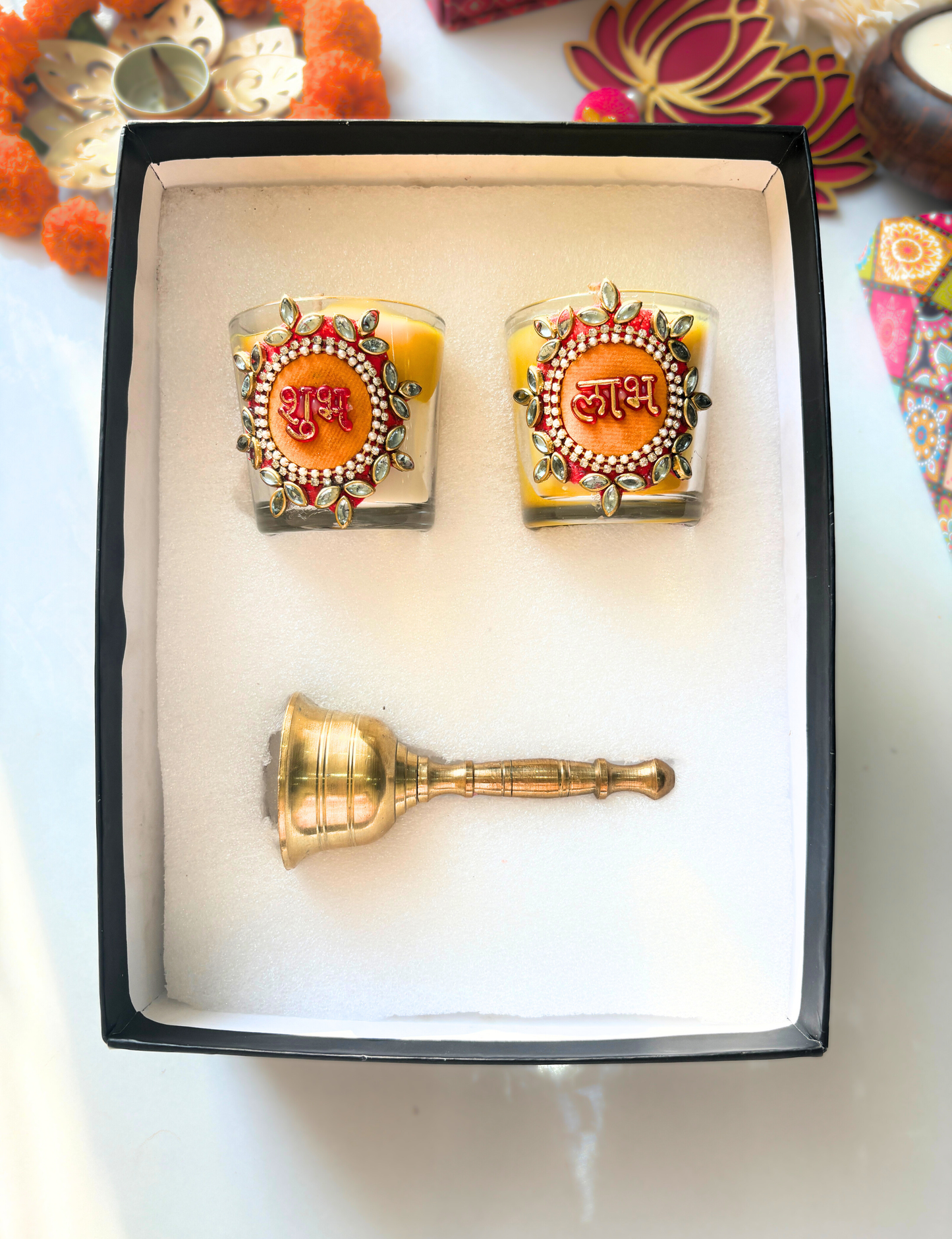Shubh Labh Candle Gift Set with Premium Golden Bell – Festive Diwali Hamper
