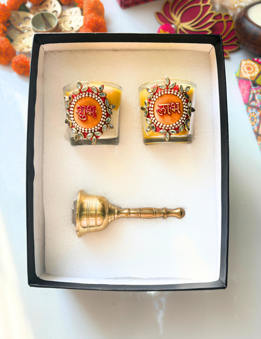 Shubh Labh Candle Gift Set with Premium Golden Bell – Festive Diwali Hamper