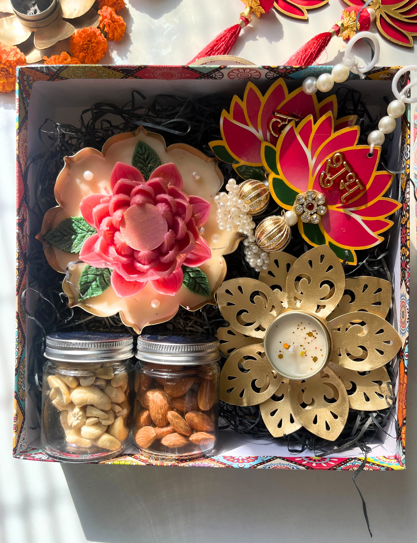 Luxury Diwali Gift Set with Lotus Urli Candle & Dry Fruits