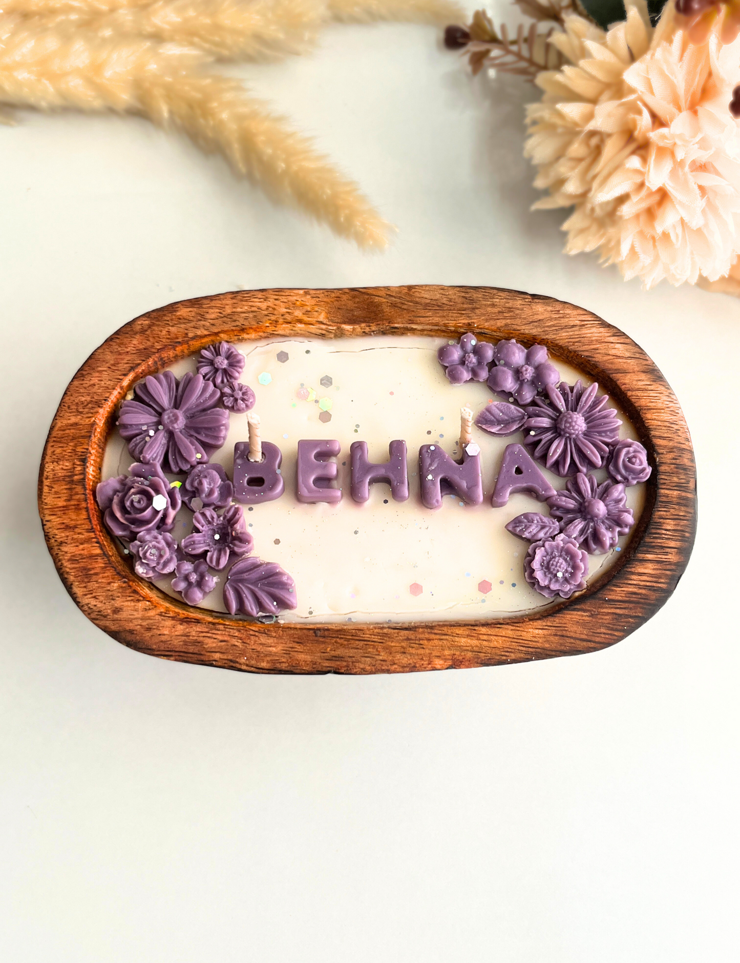 Rustic Bloom Oval Wooden Candle for Behnas