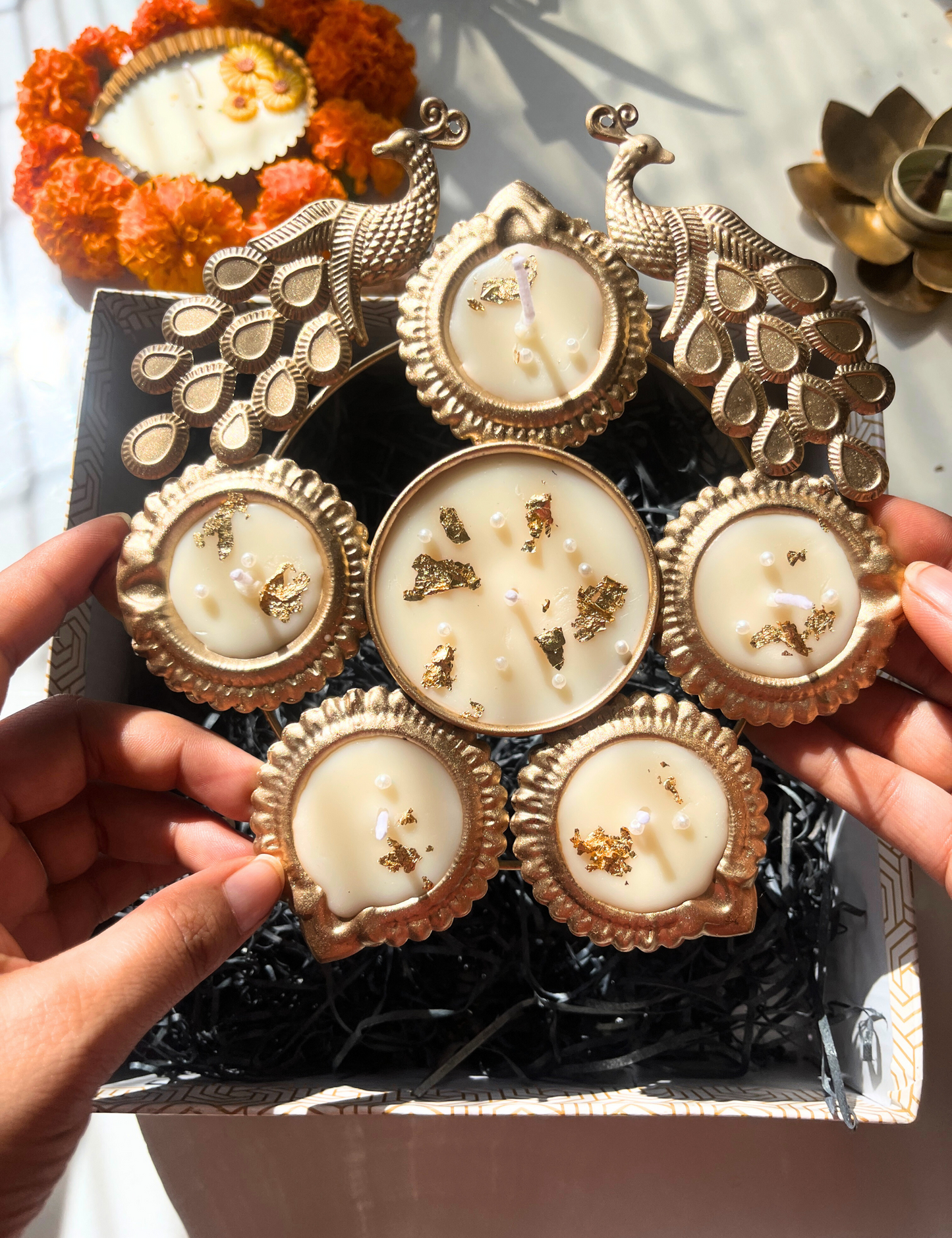 Festive Peacock Urli Candle with Golden Flakes