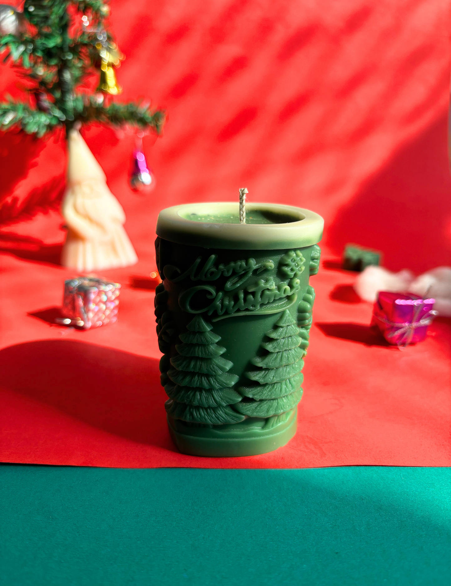 Merry Christmas Pine Tree Pillar Candle