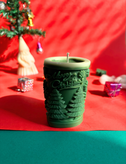 Merry Christmas Pine Tree Pillar Candle
