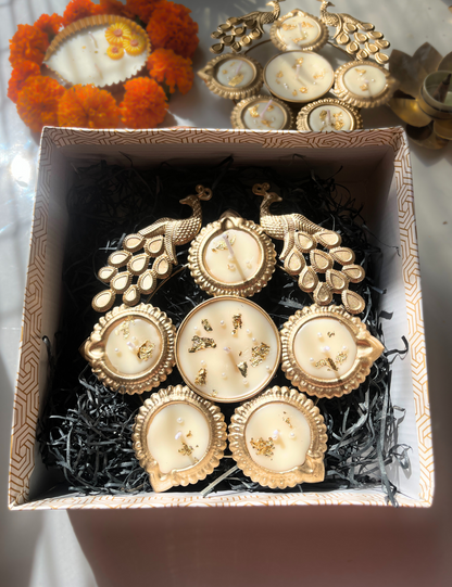 Festive Peacock Urli Candle with Golden Flakes