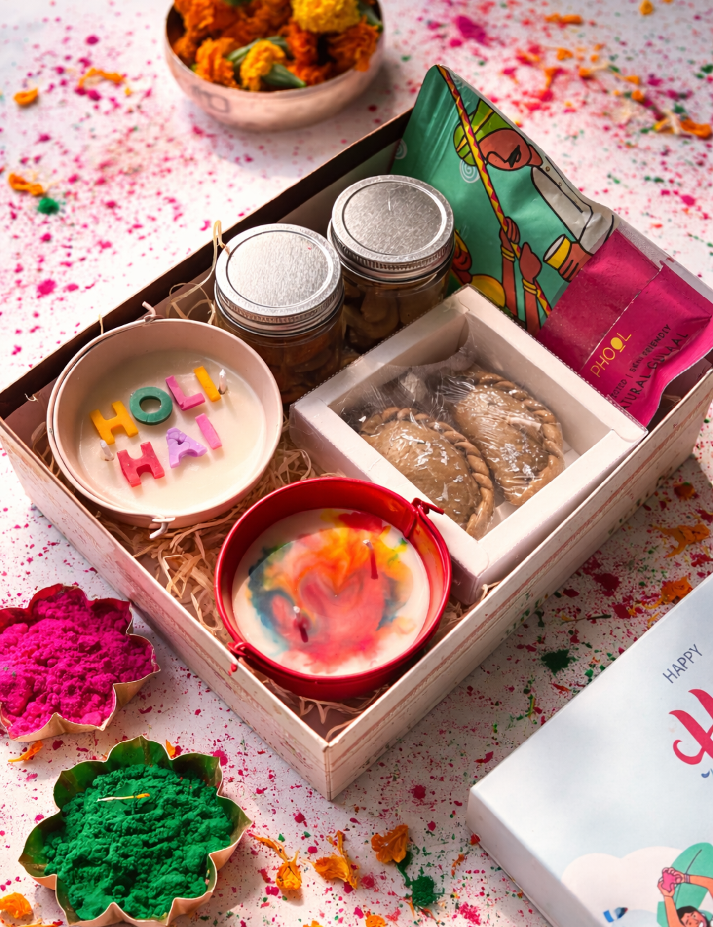 Holi Special Gift Set with Two Big Balti Candle, Gulal & Dry Fruits