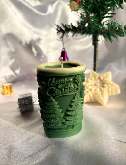 Merry Christmas Pine Tree Pillar Candle