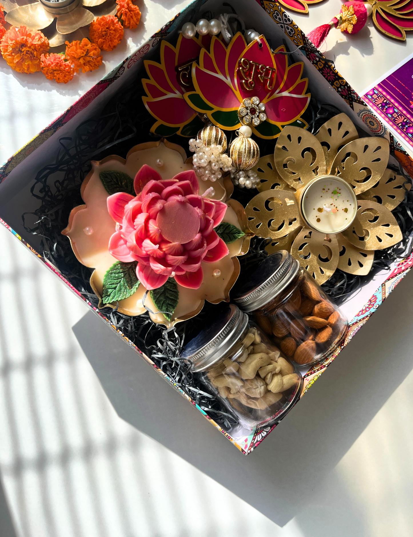 Luxury Diwali Gift Set with Lotus Urli Candle & Dry Fruits