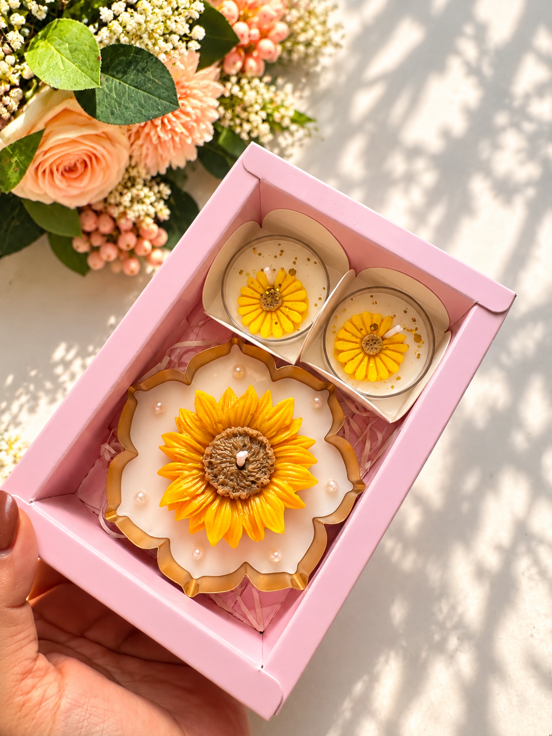 Sunflower Candle Gift Set of 3 with Pink Gift Box | Decorative Floral Candles