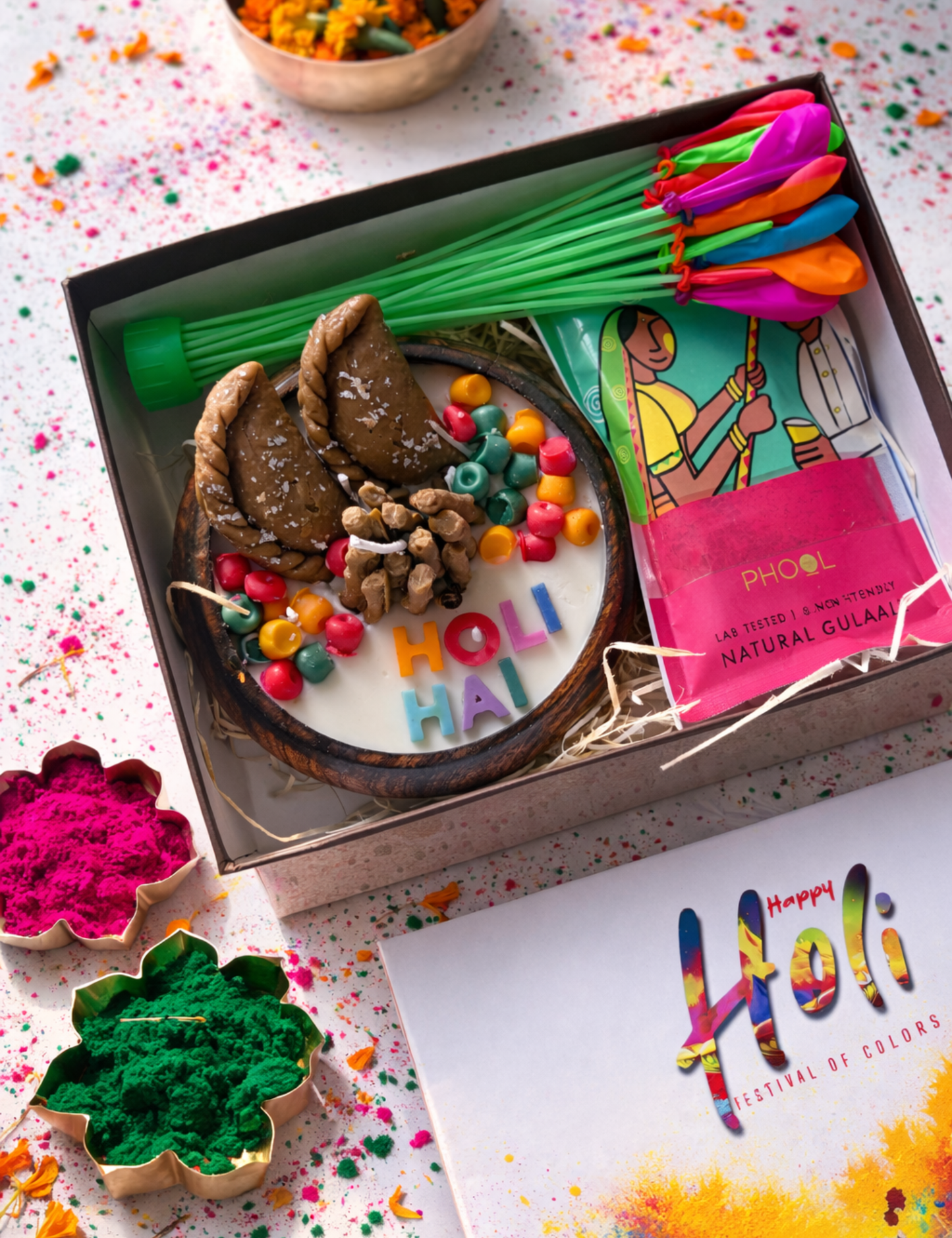 Holi Special Gift Set with Wooden Urli Bowl Candle, Gulal & Balloons