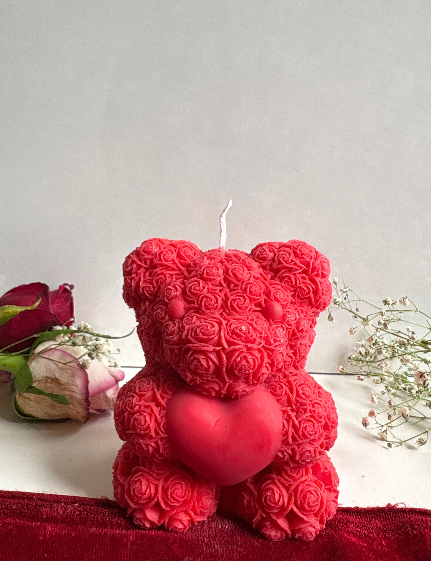 Rose Teddy Bear Candle with Heart