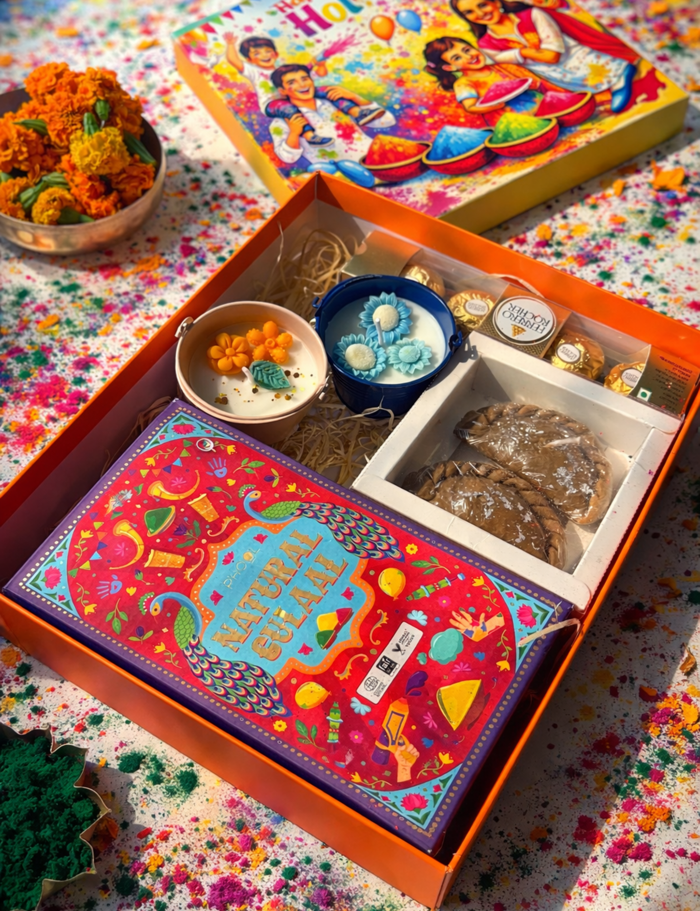 Premium Holi Hamper Box – Phool Gulal,Scented Candles & Chocolate