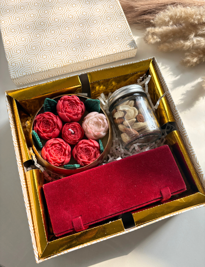 Luxury Rose Candle Hamper with Dry Fruits & Velvet Jewellery Box – Premium Gift Box