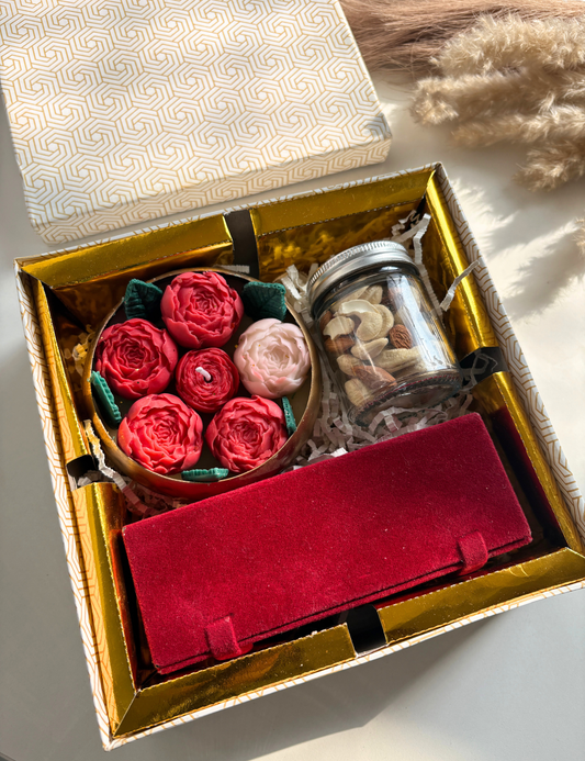 Luxury Rose Candle Hamper with Dry Fruits & Velvet Jewellery Box – Premium Gift Box