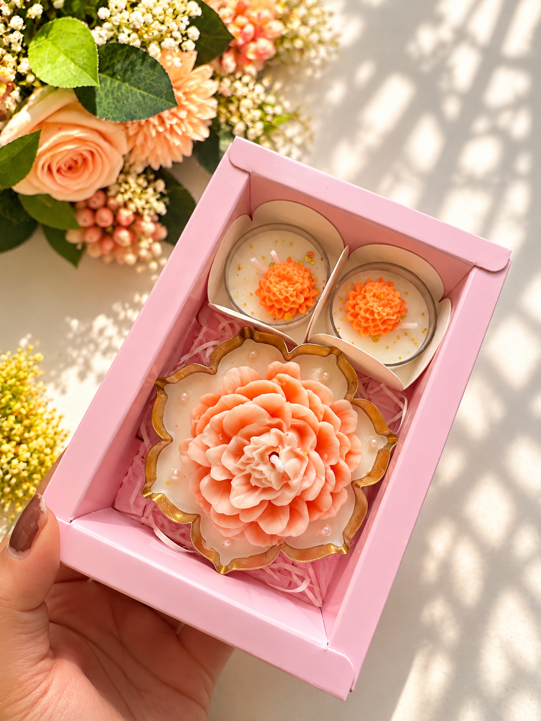 Peach Rose Flower Candle Gift Set of 3 with Pink Gift Box | Floral Decorative Candles