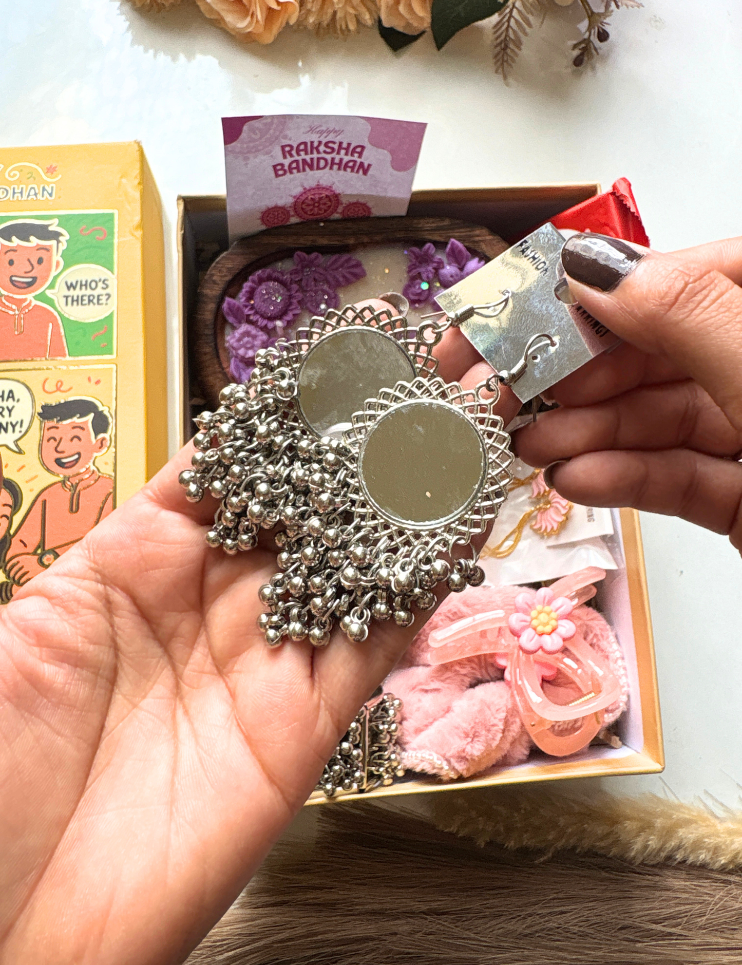 Premium Rakhi Hamper with Necklace, Earrings, Bracelet & Handmade Candle