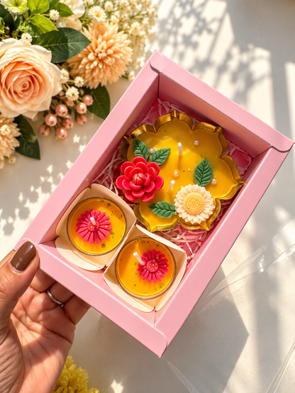 Festive Floral Candle Gift Set of 3 with Pink Gift Box | Decorative Flower Candles