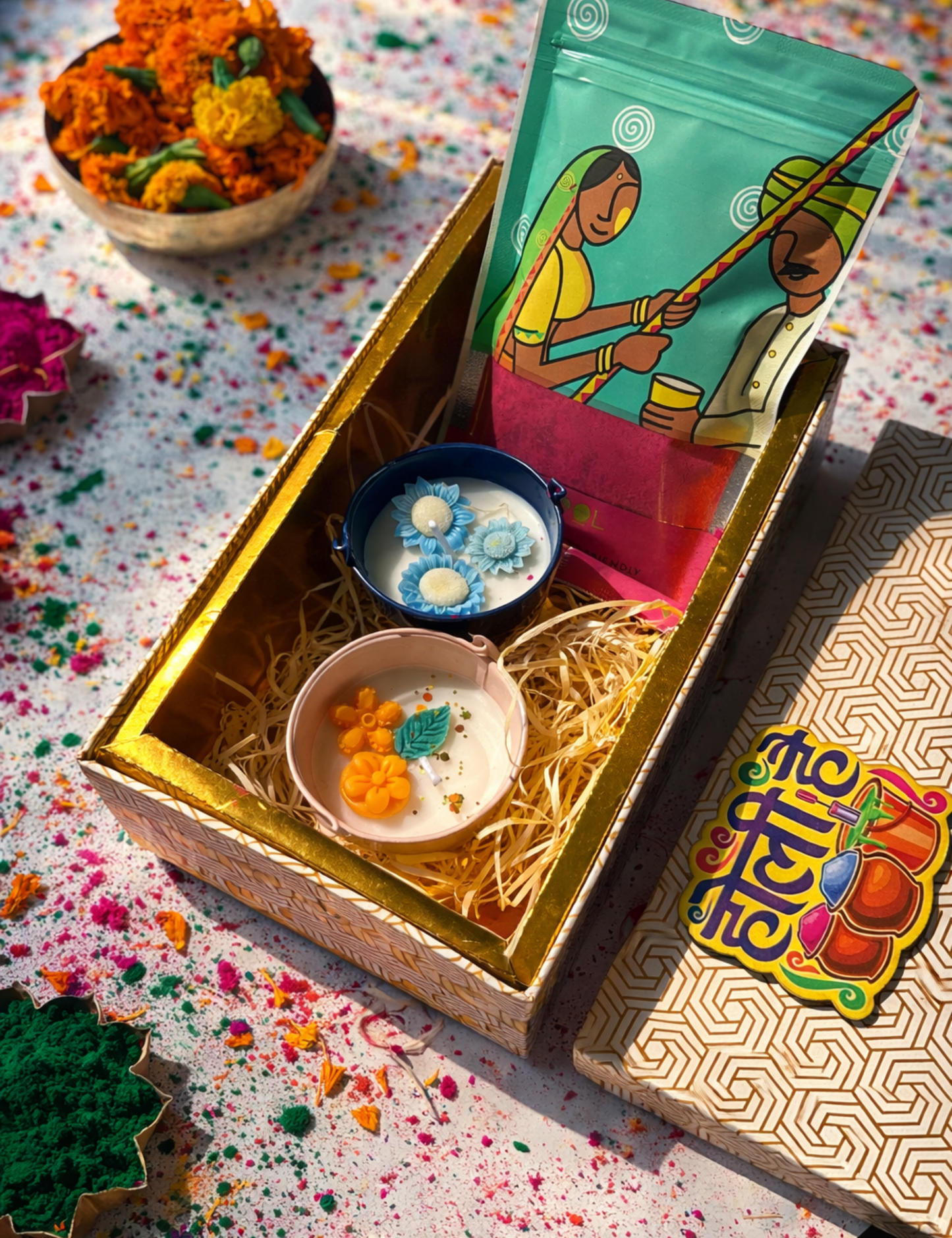 Affordable Holi Hamper with Two Balti Candles & Phool Gulal