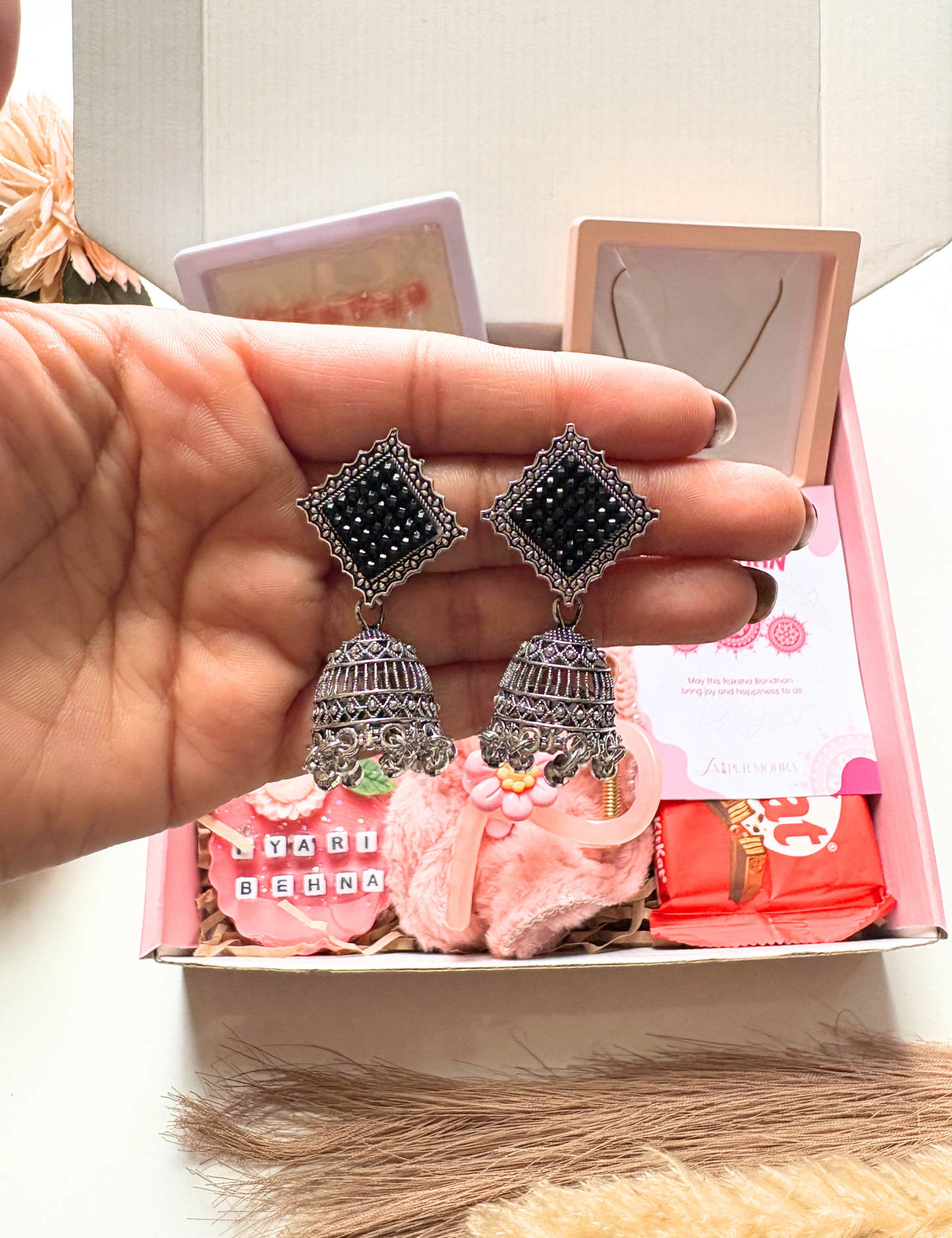 The Candleloom Premium Rakhi Hamper with Oxidised Earrings, Pendant & Wax Sachet