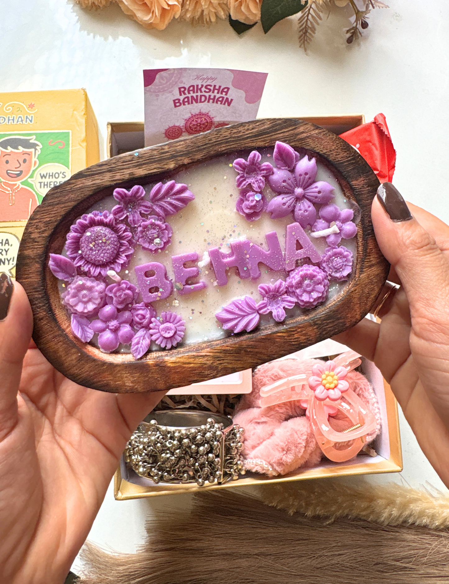 Premium Rakhi Hamper with Necklace, Earrings, Bracelet & Handmade Candle